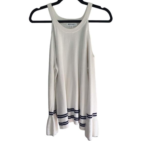 WILD HONEY‎ Sweater Cold Shoulders White Navy Womens Sz S Nautical Charm Preppy - Picture 4 of 9